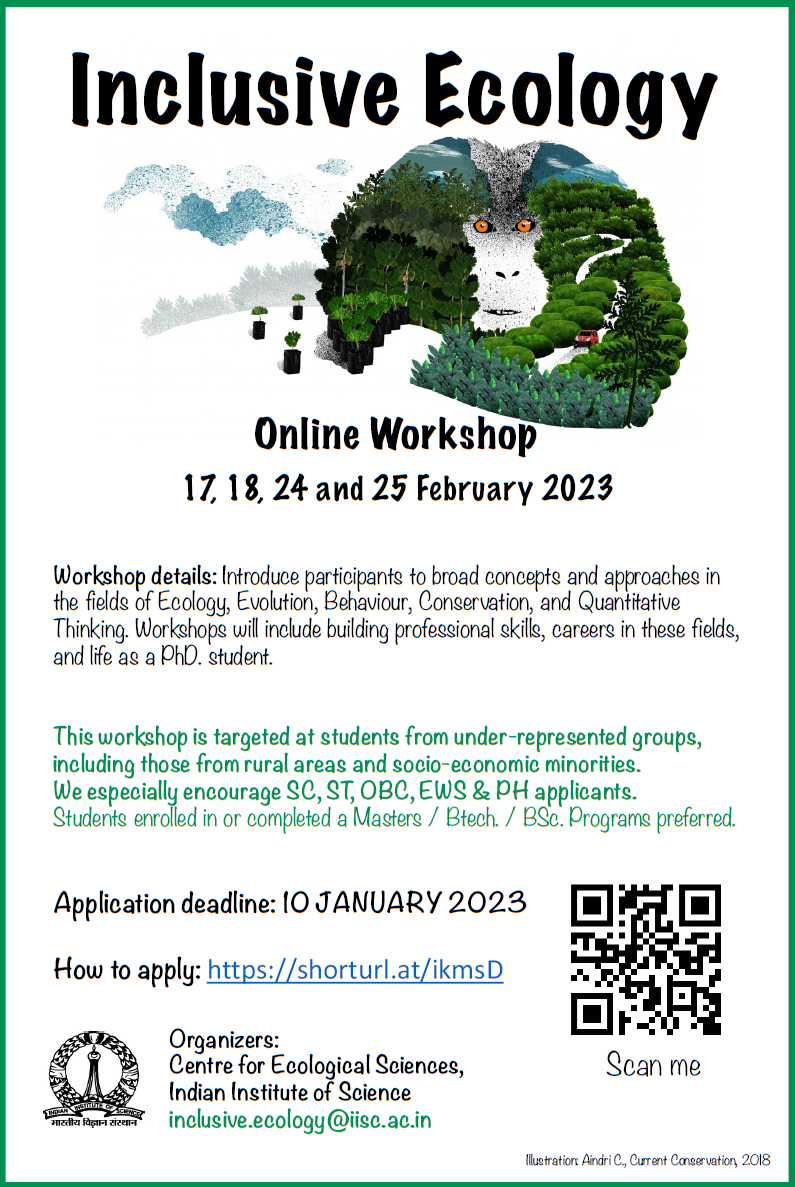 CES invites applications for Inclusive Ecology Workshop, Feb 2023 (Deadline  10th Jan) | Centre for Ecological Sciences | IISc